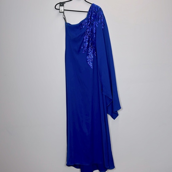 Tadashi Shoji One Shoulder Royal Blue Sequin Cape Sleeve Dress size 10 - Picture 2 of 6